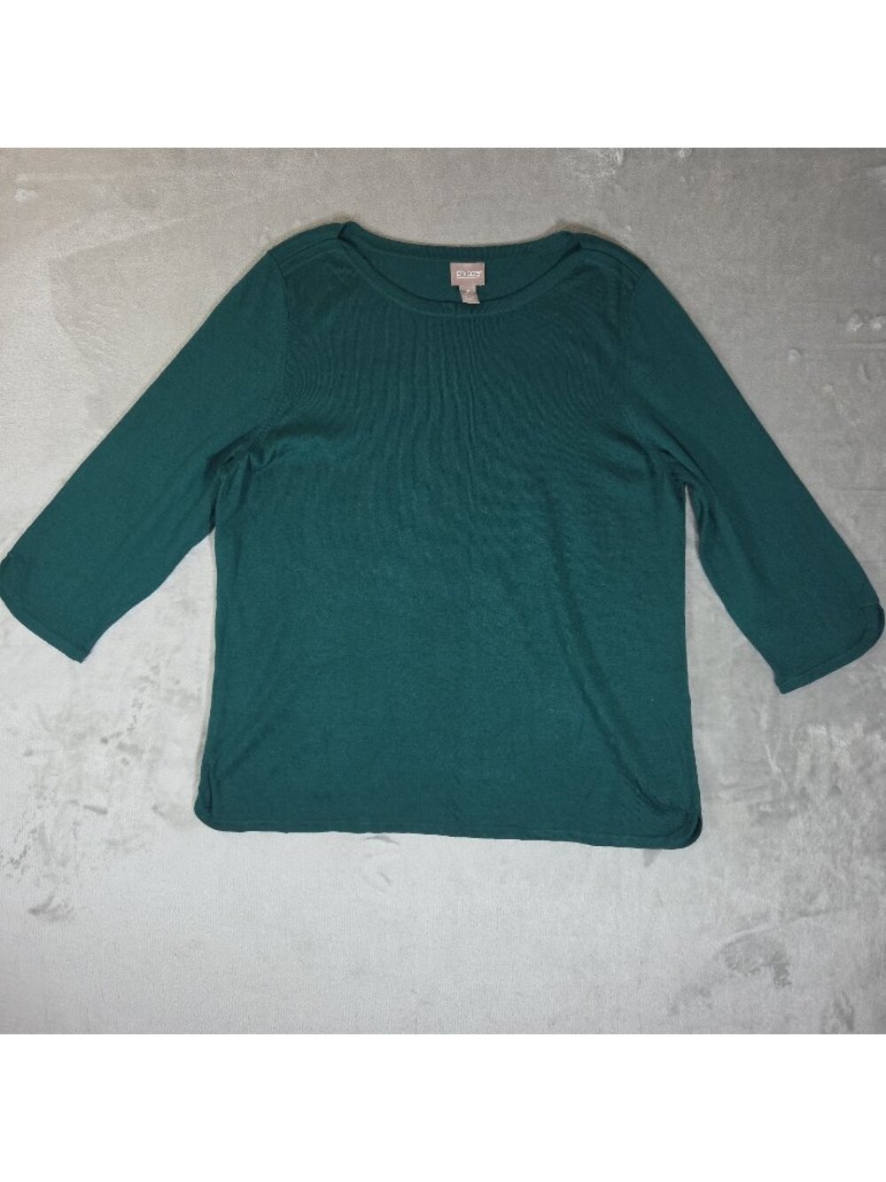 Chicos Womens XL Emerald Soft Cashmere Blend Knit 3/4 Sleeve Minimalist Sweater